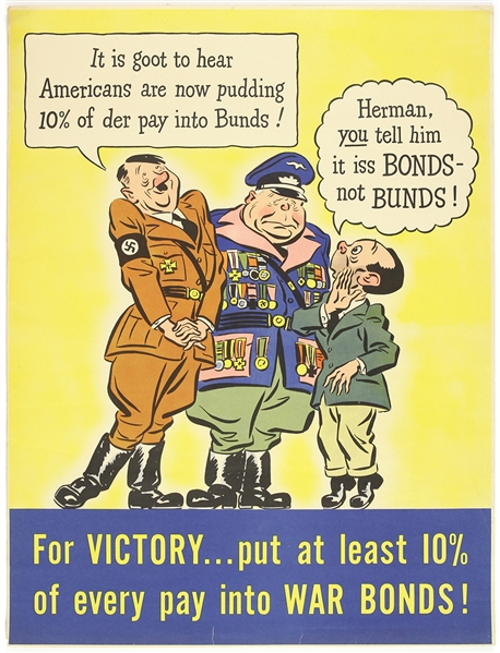 1942 WWII Adolf Hitler Cartoon US Propaganda For Victory…Put At Least 10% Of Every Pay Into War Bonds! 16.75”x22” Poster