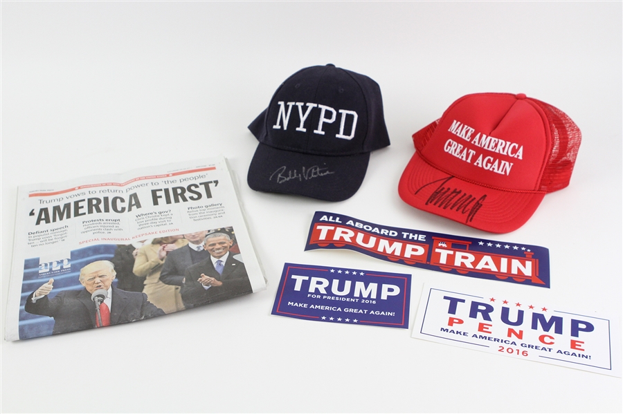 Donald Trump & Bobby Valentine Signed Caps, Stickers, and Newspaper (Lot of 6)(JSA)