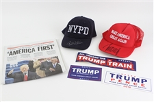 Donald Trump & Bobby Valentine Signed Caps, Stickers, and Newspaper (Lot of 6)(JSA)