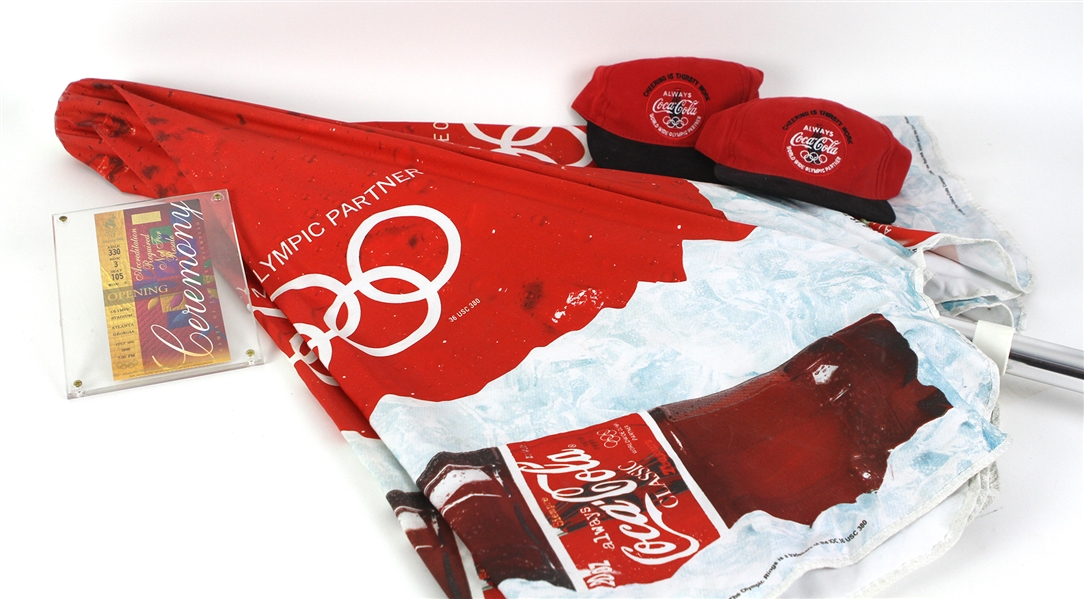 1996 Olympics Opening Ceremony Ticket, Ball Caps, & Umbrella (Lot of 4)