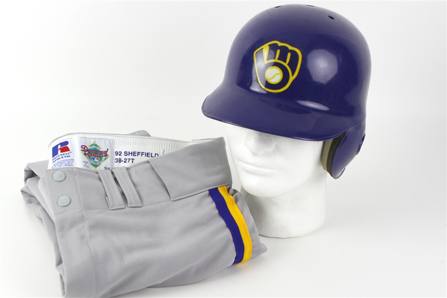 1992 Gary Sheffield Milwaukee Brewers Professional Model Road Spring Training Pants & 1980’s/90’s Milwaukee Brewers #11 Professional Model Batting Helmet attributed to Charlie O’Brien/Greg Vaughn