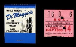 1933 San Francisco Seals PCL Ticket Stub & DiMaggios Restaurant Matchbook 