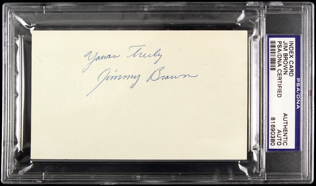 1957 Rookie Era Jim Brown Cleveland Browns Signed 3 x 5 Index Card (PSA/DNA Slabbed)