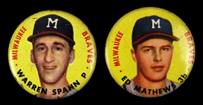 1956 Topps Warren Spahn & Eddie Mathews Milwaukee Braves 1" Pins (Lot of 2)