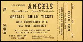 1960s Los Angeles Angels Chavez Ravine Special Child Ticket Stub 