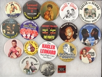 1980s-90s Boxing Pinback Button Collection - Lot of 18 w/ Sugar Ray Leonard, Thomas Hearns, Marvin Hagler, Donny LaLonde & More