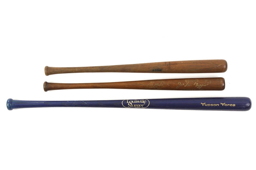1930s-80s Miniature Baseball Bat Collection - Lot of 3 w/ Joe DiMaggio, 1939 Old Timers Banquet & Tucson Toros