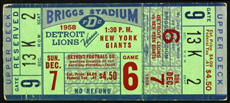 1958 Detroit Lions vs New York Giants Ticket Stub
