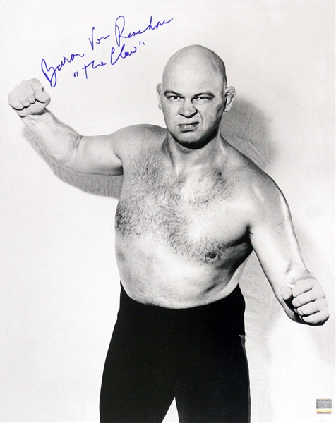 Baron Von Raschke AWA Wrestling Legend (with arms raised) Signed LE 16x20 B&W Photo (JSA)