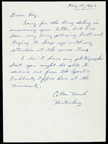 1962 Cotton Nash Kentucky Wildcats Signed Correspondence (JSA)