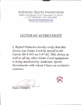 2002 (May 7) Rafael Palmeiro Texas Rangers Signed Game Worn Alternate Jersey (MEARS A10/JSA/Player Letter) Career HR #455