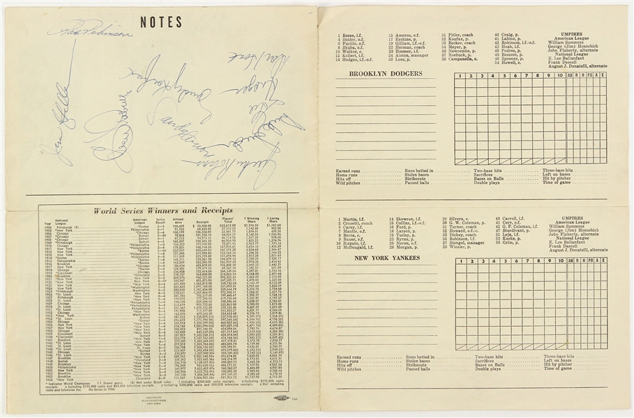 1955 Brooklyn Dodgers Multi Signed World Series Program Insert w/ 9 Signatures Including Jackie Robinson, Sandy Koufax, Duke Snider & More (*Full JSA Letter*) 