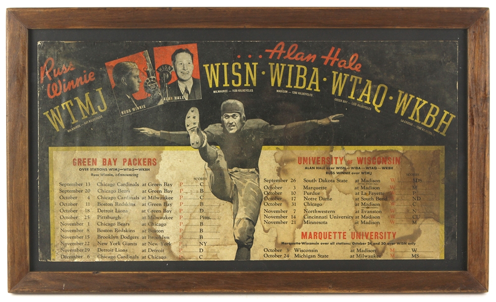 1936 Green Bay Packers World Championship Season Russ Winnie & Alan Hale 14"x 24" Framed Radio Advertisement Broadside Sign W/ Green Bay Packers University of WI Schedules 