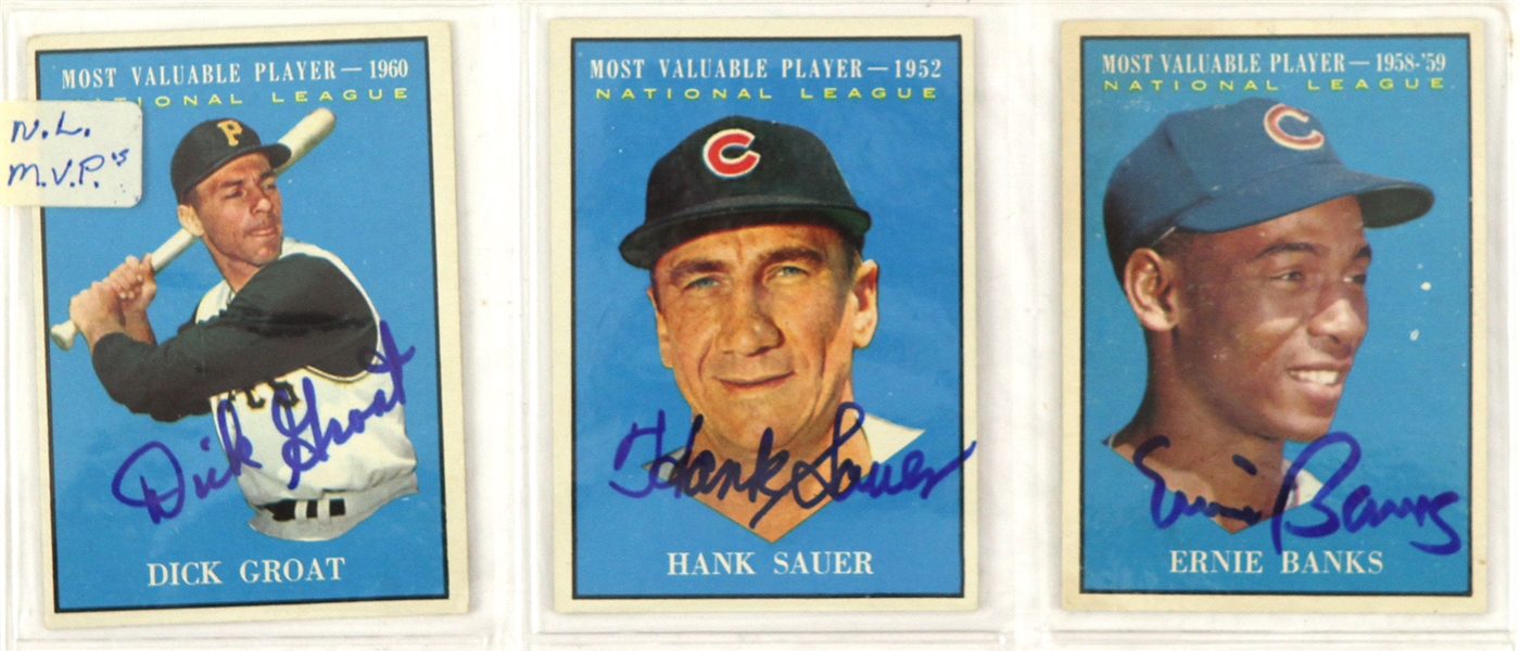 1961 Autographed Topps Baseball Cards Including Dick Groat, Ernie Banks, Hank Sauer (Lot of 3) (JSA)