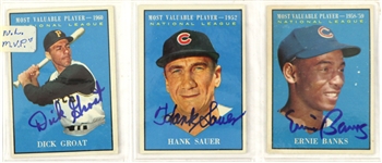 1961 Autographed Topps Baseball Cards Including Dick Groat, Ernie Banks, Hank Sauer (Lot of 3) (JSA)
