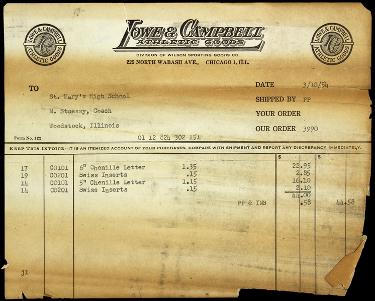 1954 St. Marys High School Woodstock Illinois Lowe & Campbell Athletic Goods Invoice