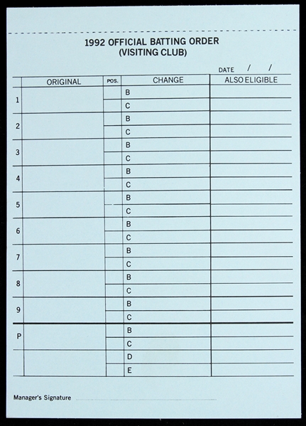 1992 Milwaukee Brewers County Stadium 6”x8” Unused Dug Out Lineup Card