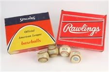 1952-91 Game Used Baseball & Empty Dozen Baseball Box Collection - Lot of 6 w/ ONL Giles, ONL Feeney, OAL MacPhail, OAL Brown Comiskey Park Inauguaral Year & More (MEARS LOA)