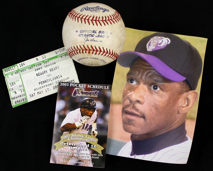 2003 Rickey Henderson Newark Bears Signed OAL Klein Game Used Baseball (MEARS LOA/JSA) 