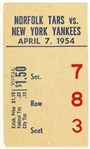 1954 Norfolk Tars vs New York Yankees Ticket Stub