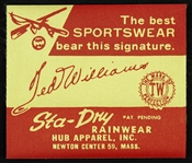1950s Ted Williams Boston Red Sox Sta-Dry Rainwear Sportswear Advertising Tag 