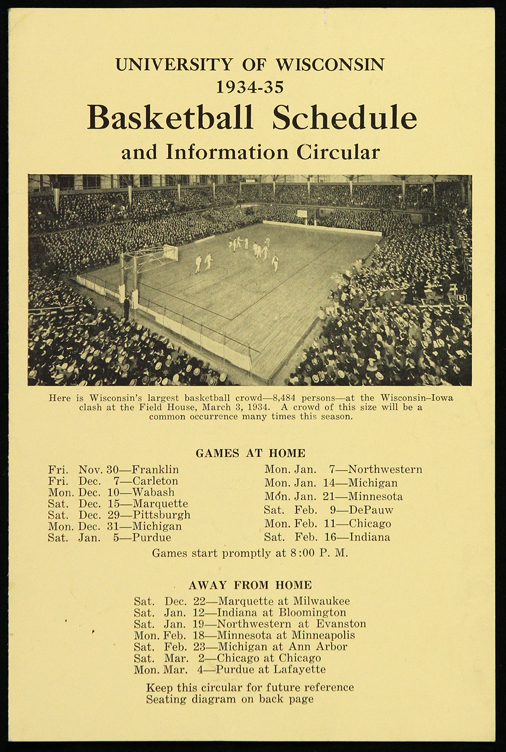 Lot Detail - 1934-35 University of Wisconsin Basketball Schedule