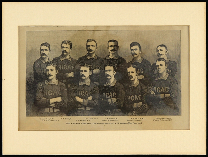 1885-1886 National League Champion Chicago White Stockings 9"x 12" Harper’s Weekly Woodcut Team Illustration Featuring  Cap Anson & King Kelly 