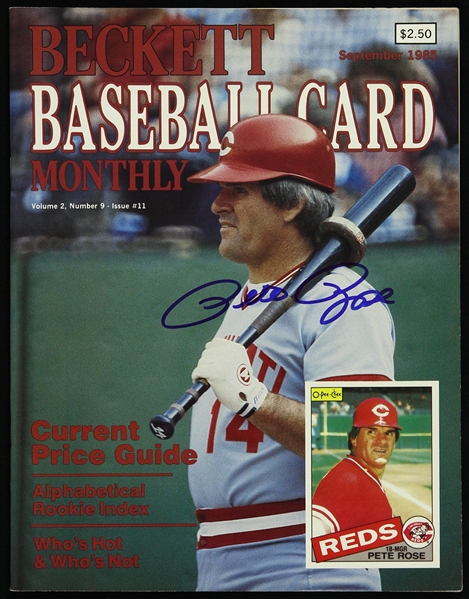 1985 Pete Rose Cincinnati Reds Signed Beckett Baseball Card Monthly Magazine (JSA)