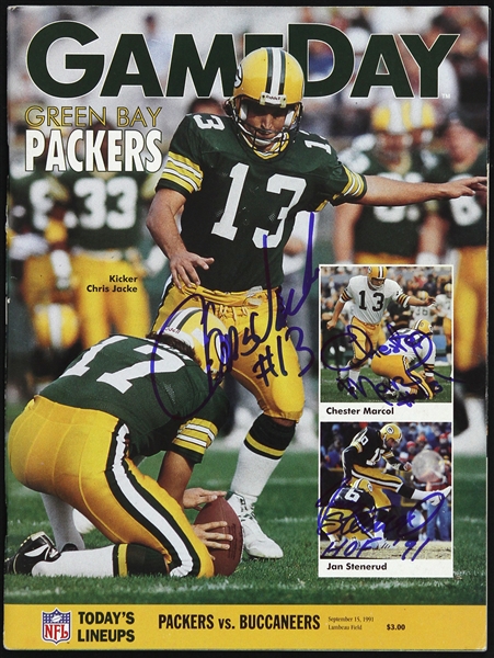 1991 Chris Jacke / Chester Marcol / Jan Stenerud Green Bay Packers Signed Game Day Program (JSA)