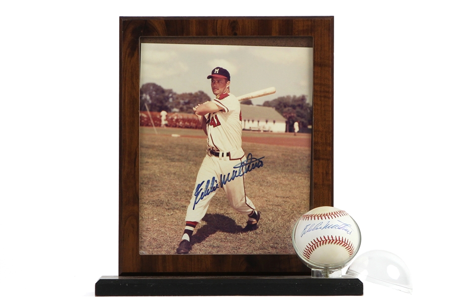 1952-1966 Eddie Mathews Milwaukee Braves Signed Framed 8"x 10" Photo & Baseball (JSA)