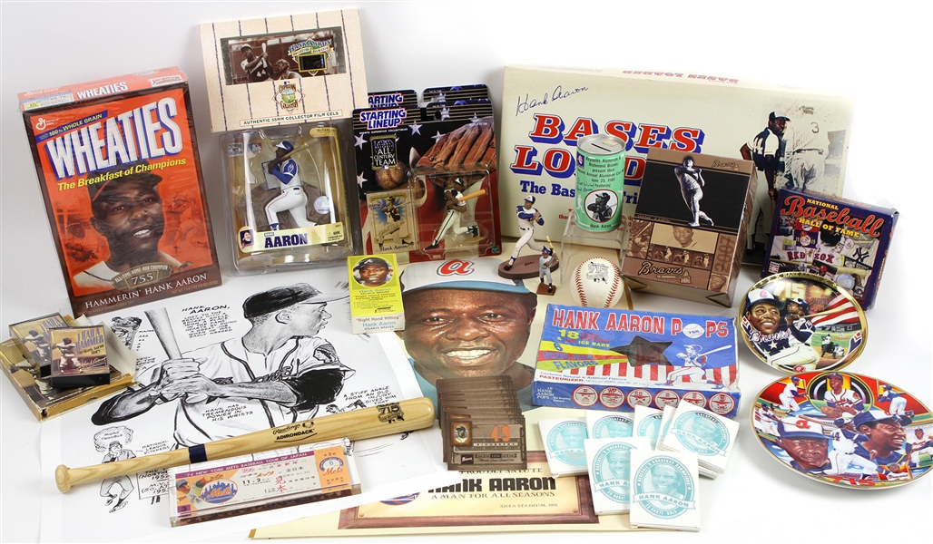 1950s-2000s Hank Aaron Milwaukee / Atlanta Braves Baseball Cards, Bobble Heads, Figurines, Posters and more (Lot of 80+)
