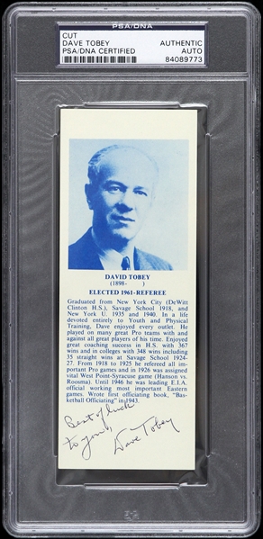1920s-1940s David Tobey Basketball Referee Autographed 2.5”x6.5” Informative Card (PSA/DNA Slabbed)