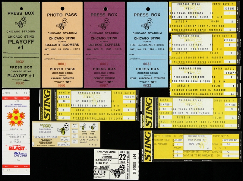 1980’s Chicago Sting Tickets, Ticket Stubs, Press Passes, and Photo Pass (Lot of 13)