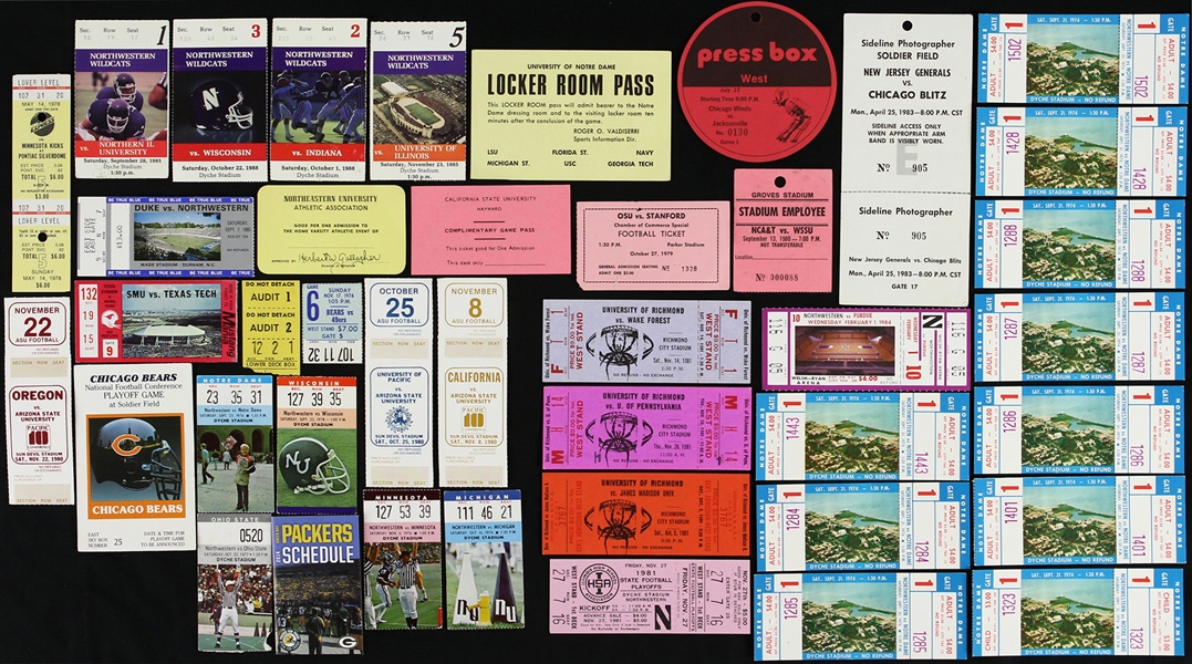 1970’s-1990’s High School, College, and NFL Tickets, Ticket Stubs, Passes, Indoor Soccer Tickets, and USFL and World Football League Passes (Lot of 58)