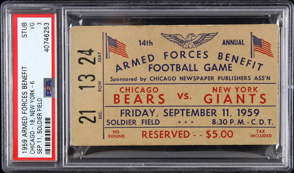 1959 Chicago Bears vs New York Giants Armed Forces Benefit Game at Soldier Field Ticket Stub (PSA/DNA Slabbed)