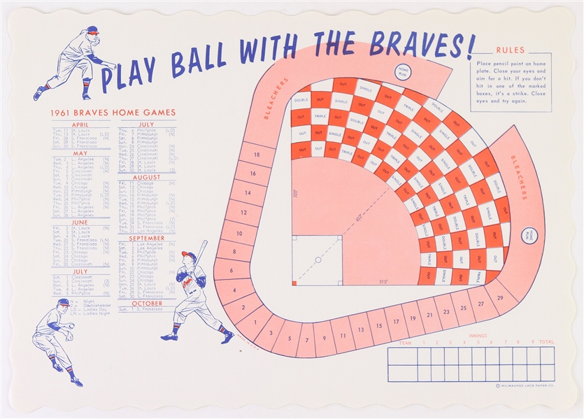 1961 Milwaukee Braves Home Games Schedule and Place Mat