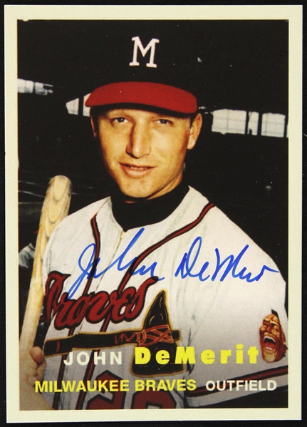 1957 Style John DeMerit Milwaukee Braves Signed Trading Card (JSA)