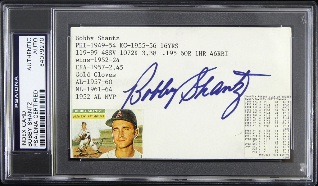 1949 Bobby Shantz Kansas City Athletics Signed 3"x 5" Index Card (PSA/DNA Slabbed)