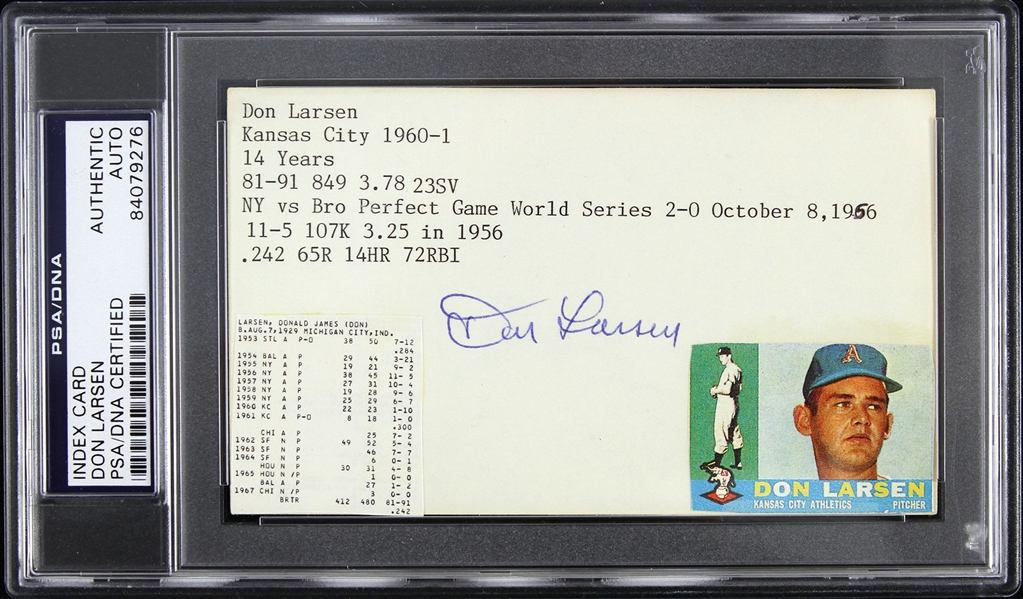 1953 Don Larsen Kansas City Athletics Signed 3"x 5" Index Card (PSA/DNA Slabbed)