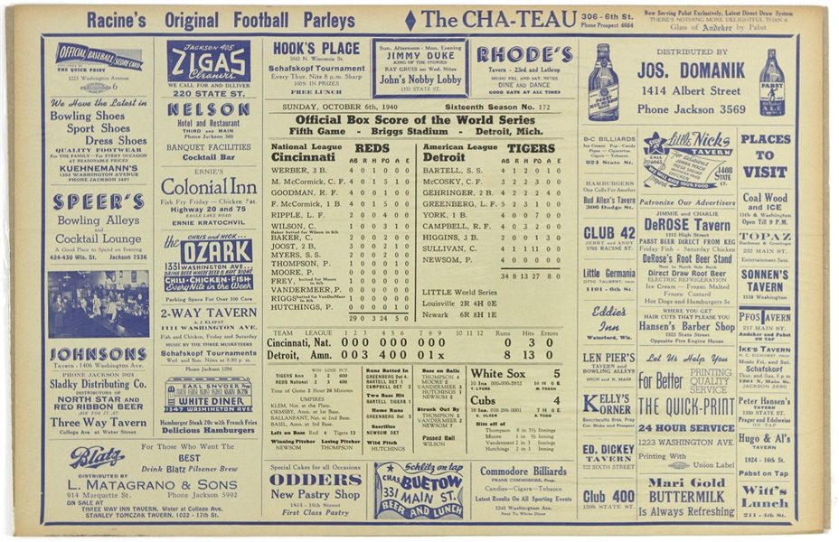1940 Cincinnati Reds vs. Detroit Tigers World Series Game 5 Racine, WI Newspaper