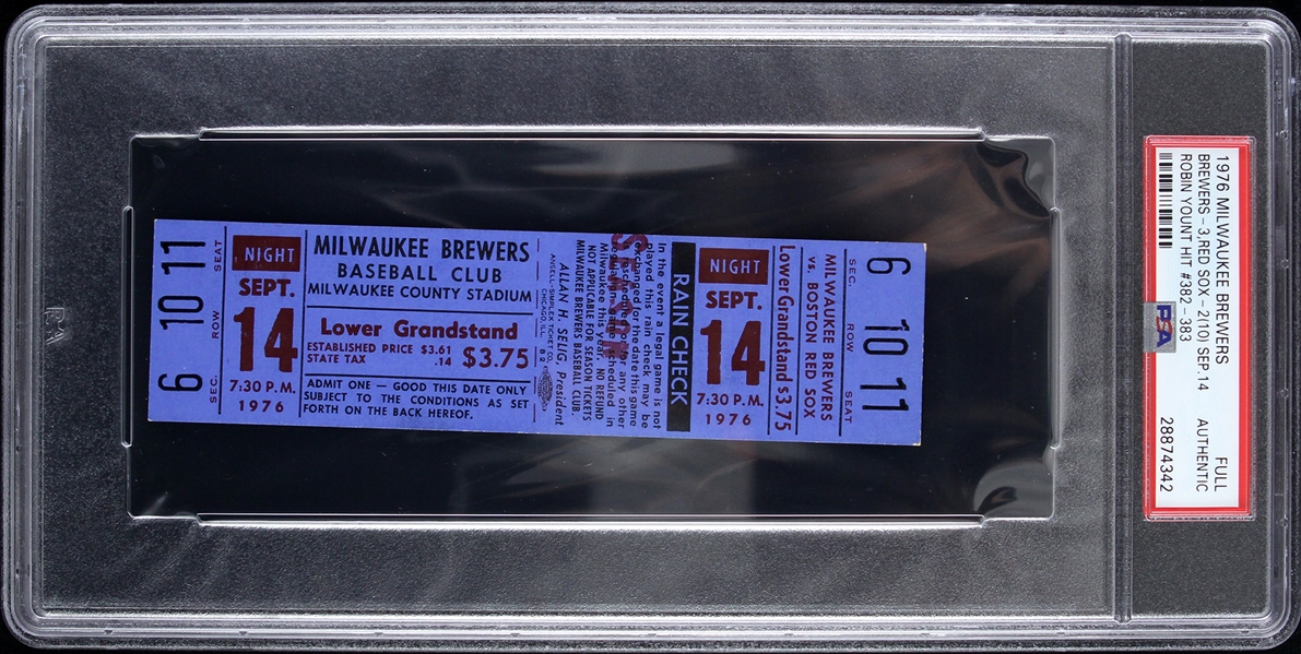 1976 Robin Yount Milwaukee Brewers Hit #382-383 Full Ticket (PSA/DNA Slabbed)