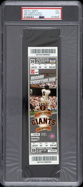 2004 Greg Maddux Chicago Cubs 300th Win Game Full Ticket (PSA/DNA Slabbed)