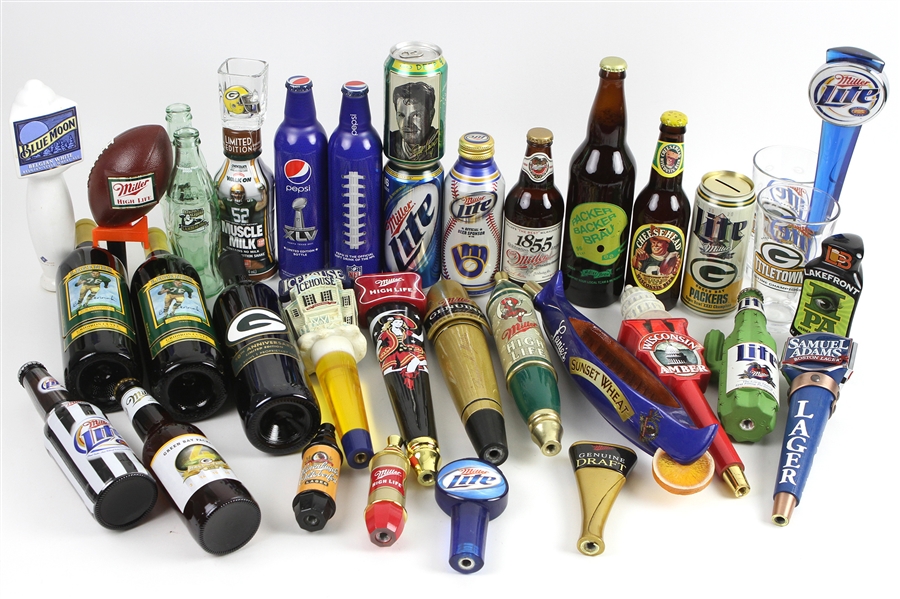 2000s Green Bay Packers Unopened Miller Beer Bottles, Wine, and Beer Tappers (Lot of 45+)