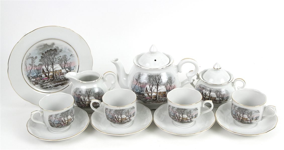 1977 Currier & Ives Avon Porcelain Tea Set and Norman Rockwell Museum Mugs (Lot of 19)
