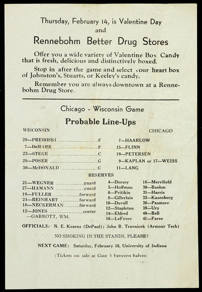 1940s Rennebohm Drug Stores Wisconsin vs Chicago Probable Line-Ups Handbill 