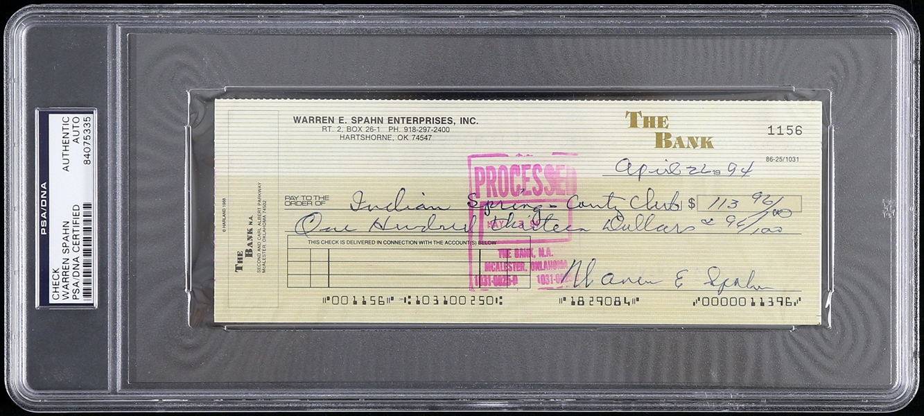 1994 Warren Spahn Milwaukee Braves Signed Check (PSA/DNA Slabbed)
