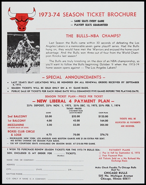 1973-1974 Chicago Bulls Season Ticket Brochure & Order Form