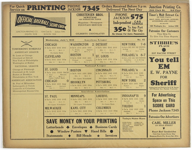 1932 American League Official Baseball Score Card 