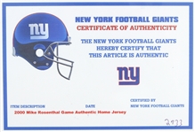 2000 Mike Rosenthal New York Giants Game Worn Home Jersey (MEARS LOA/Team COA)