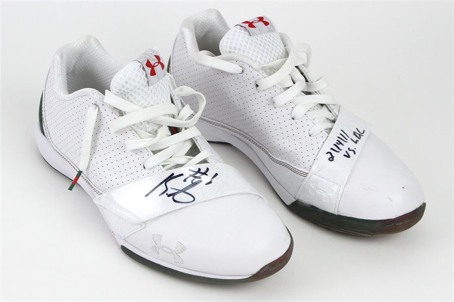 2011 (February 14) Brandon Jennings Milwaukee Bucks Signed Game Worn Under Armour Sneakers & Panini Material Ink Trading Card (MEARS LOA/JSA)